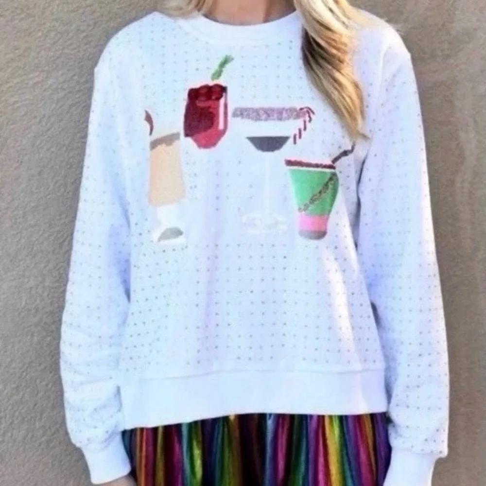 🍸🍹Queen Of Sparkles L Holiday Cocktails Sequin & Rhinestones Sweatshirt EUC - Picture 7 of 10
